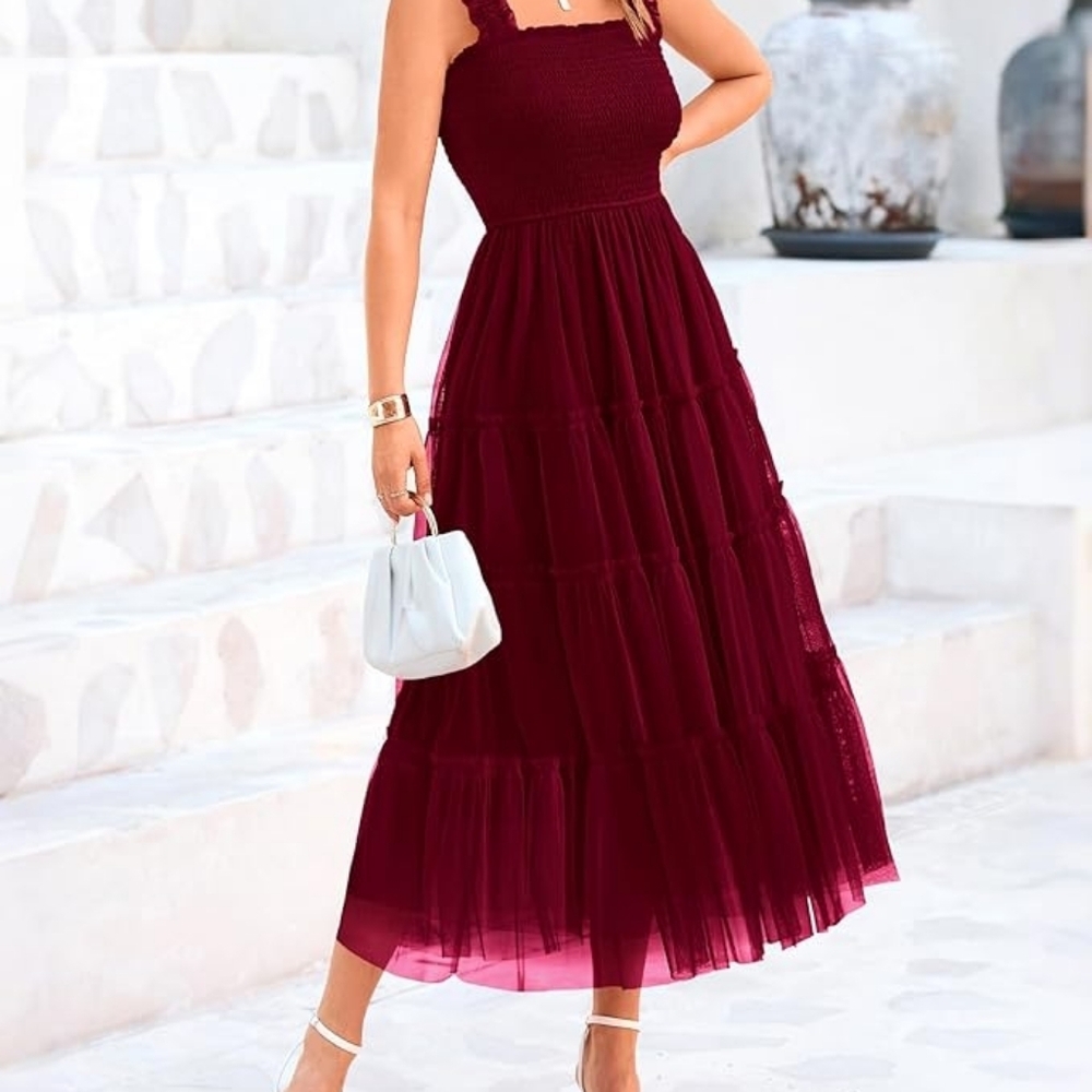 Chic Sleeveless Burgundy Midi Dress Ruffle Tulle